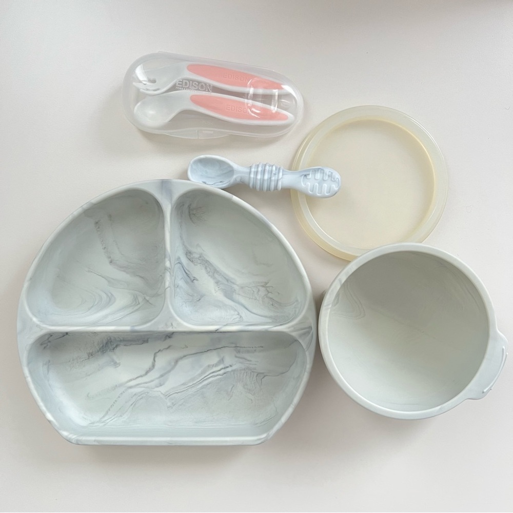 Bumkins silicone grip dish marble grey + bowl + more